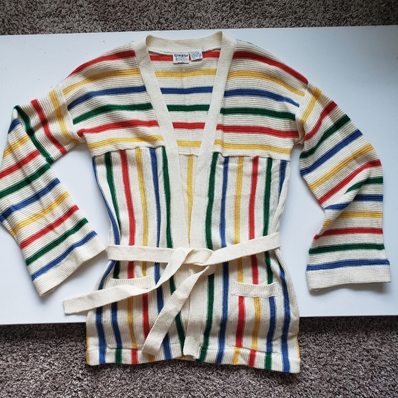 Vintage 1970s Tomboy Of California Multicolor Striped Knit Sweater Waist Tie - Picture 2 of 7